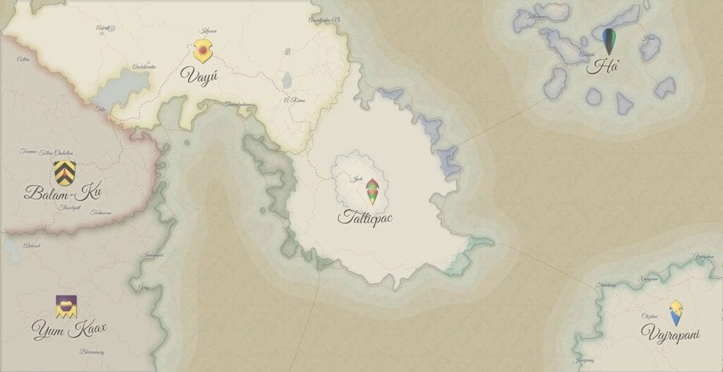 Detalle del mapa de Tlalticpac, universo mítico creado por Msr Wilo, que representa las cinco regiones simbólicas de una cosmovisión ficticia inspirada en mitologías ancestrales.