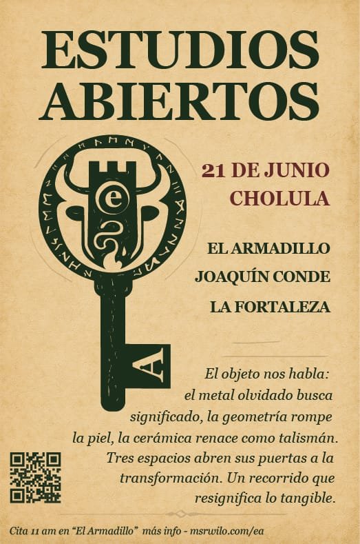 Cartel del evento Estudios Abiertos Cholula 2025, con llave ritual y estética mitopoética.