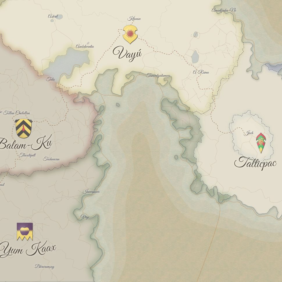 Detalle del mapa de Tlalticpac, universo mítico creado por Msr Wilo, que representa las cinco regiones simbólicas de una cosmovisión ficticia inspirada en mitologías ancestrales.