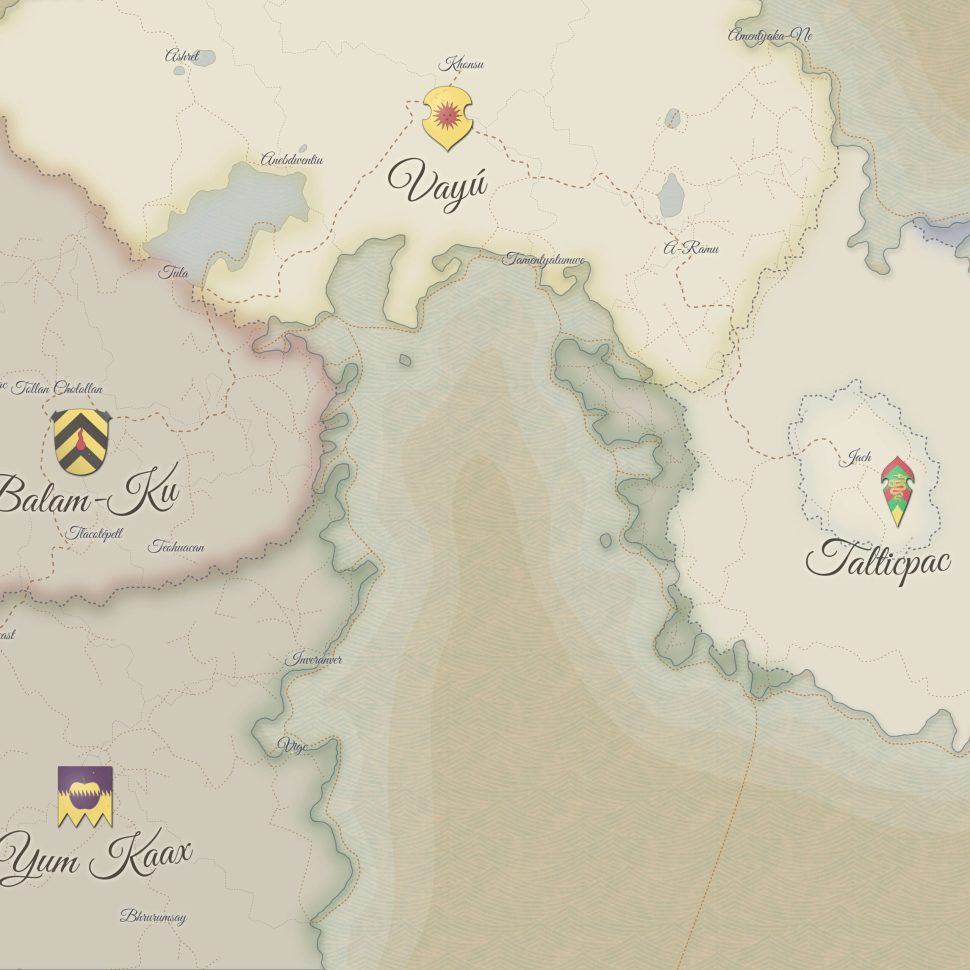 Detalle del mapa de Tlalticpac, universo mítico creado por Msr Wilo, que representa las cinco regiones simbólicas de una cosmovisión ficticia inspirada en mitologías ancestrales.
