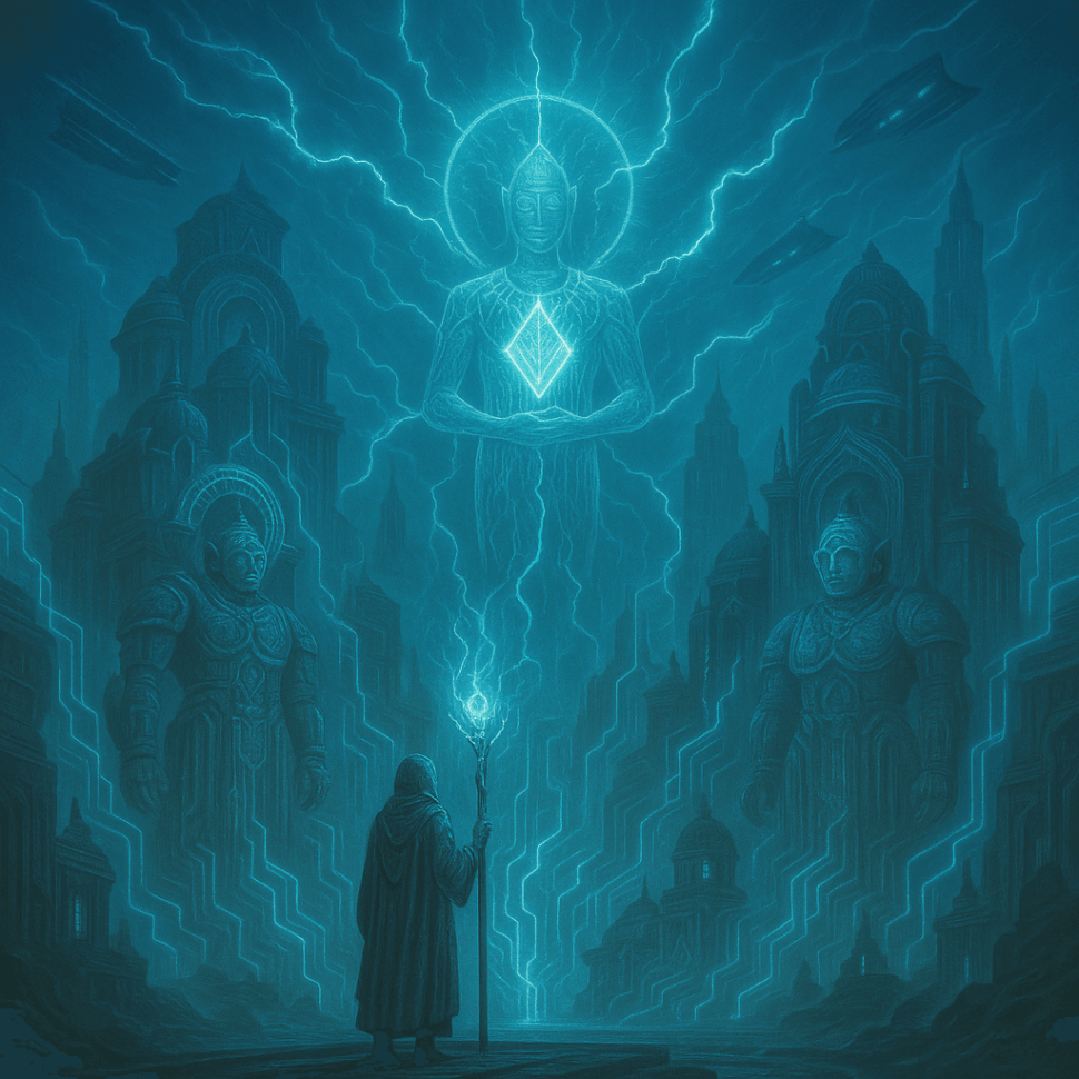 Mapa simbólico de Vajrapani, región de rayo en Tlalticpac: ciudades galácticas, seres máquina y portales temporales de una civilización techno-mística.