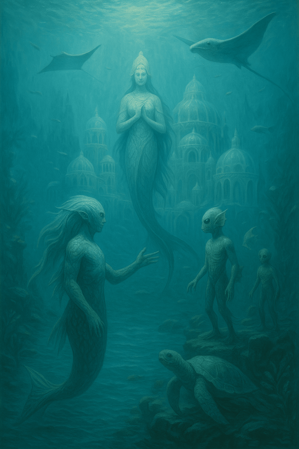 Mapa simbólico de Ha’, región acuática de Tlalticpac: ciudades de cristal sumergidas y seres líquidos de inteligencia ancestral.