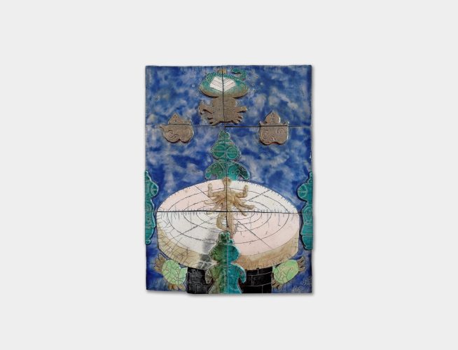 Escultura cerámica Raku con silueta de Shiva, dogūs japoneses, pirámide de Chichen Itzá y axolotl – Tlalticpac