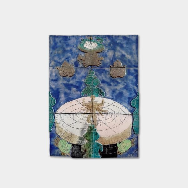 Escultura cerámica Raku con silueta de Shiva, dogūs japoneses, pirámide de Chichen Itzá y axolotl – Tlalticpac