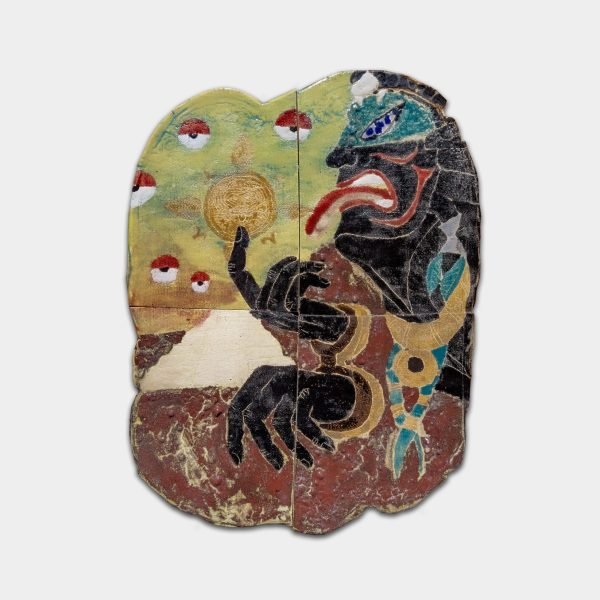 Mural cerámico con símbolos mexicas y rostro oriental inspirado en papiros japoneses y Rinnegan – Tlalticpac