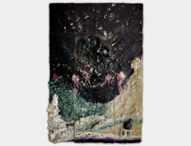 Escultura cerámica con la luna cayendo y cuatro gigantes en batalla, inspirada en Majora’s Mask y mitología de Vayú, Tlalticpac